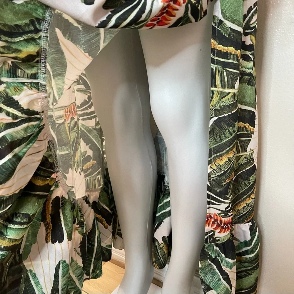 Green multi smocked back ruched crop top split thigh midi skirt set
